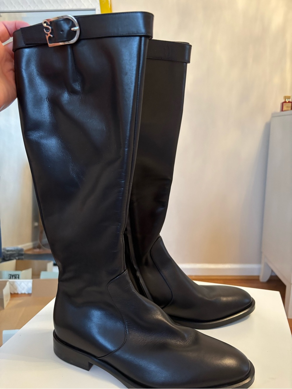 Sergio Rossi - Classic Black Leather Knee-High Riding Boots - NEW